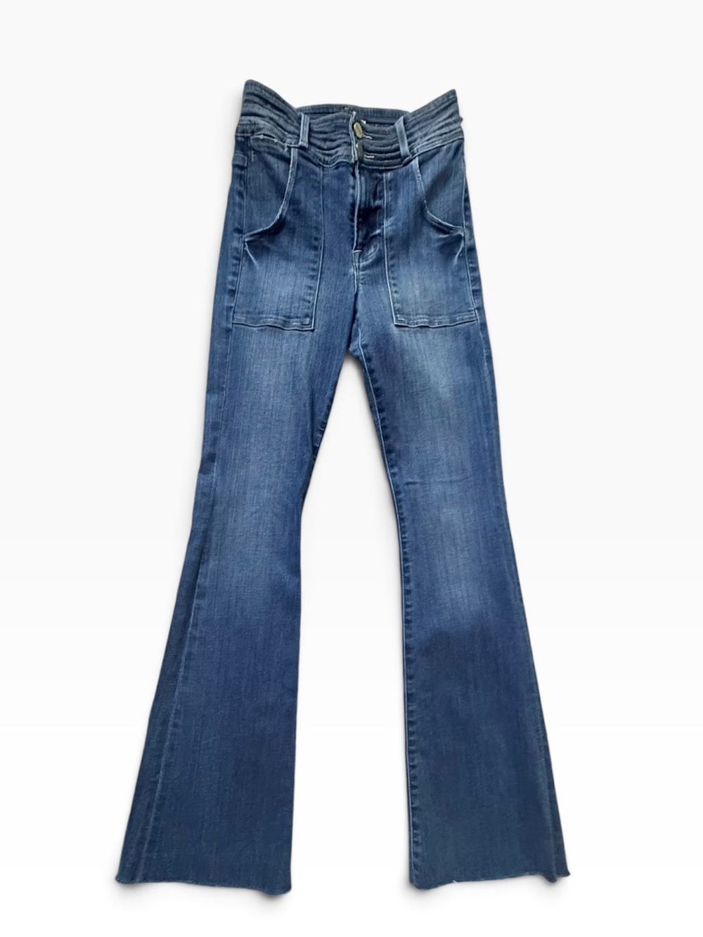 Frame Le High Flare Denim High-Rise Wide Leg Jeans in Blue Wash size 24 Raw Hem